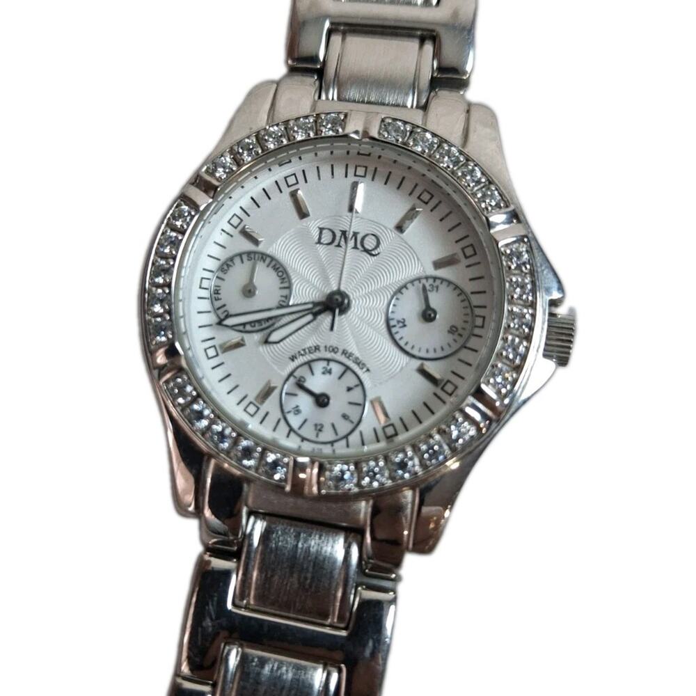 Vintage DMQ CZ Silver Tone Chronograph Style Watch New Battery Working